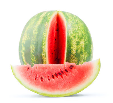 Isolated Water Melon Whole And Slice, White Background