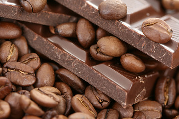 close-ups of dark chocolate and coffee beans