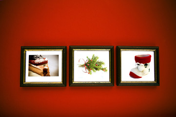 christmas frames on red wall