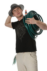 young man with the snake to watering