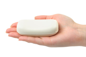 Soap in hand isolated on white background