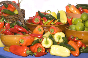 Bowl of a variety multicolored types of peppers