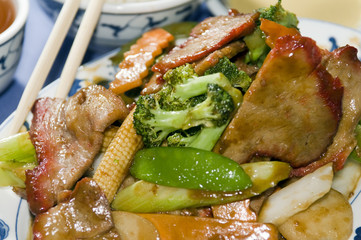 roast pork sliced   mixed chinese vegetables at restaurant food
