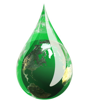 Water Droplet In Green Hue With The Earth Engulfed In It.