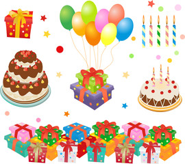 Celebration elements: gift box, baloon, cake, candles