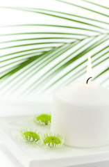 White candle and floating green flowers. Selective focus.