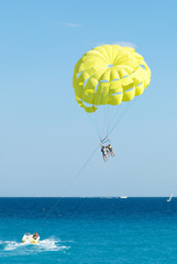 view of the seascape with parachute near Nice. France.