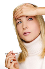 young woman checking temperature close up shoot
