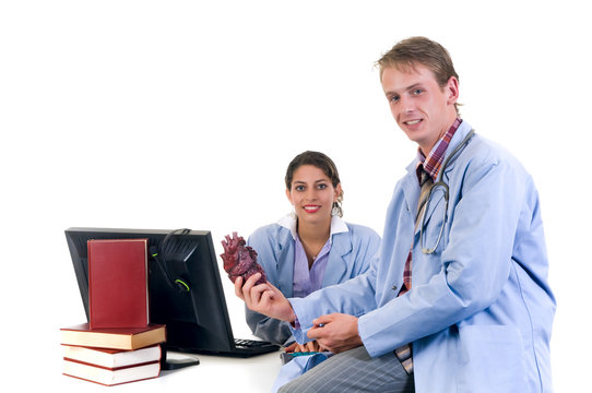 Medical team, two young male and female cardiologist