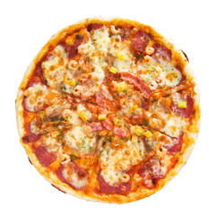 Big pizza with shrimps, bacon, sausage isolated on white
