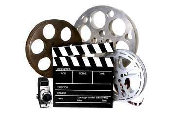 Naklejka premium Studio Film Reels and Directors Clapper With Vintage Camera