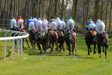 peloton de galopeurs dans un tournant