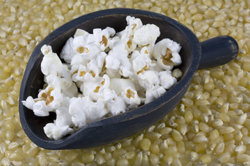 popcorn on wooden scoop with corn kernels as a background