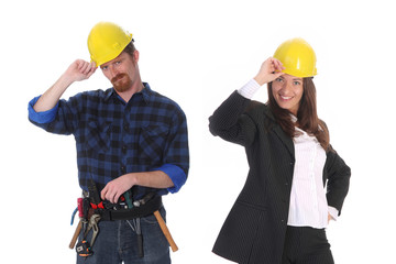 businesswoman and construction worker with architectural plans