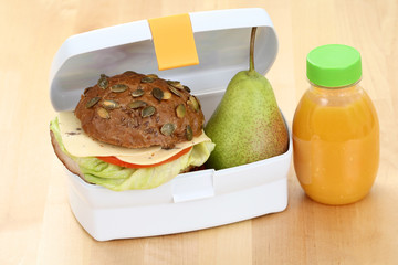 box with sandwich apple and bottle of juice