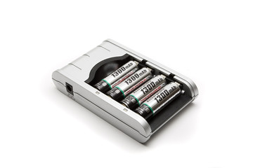 rechargeable AA size batteries in a charger