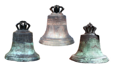 three old and big church bells isolated on white background