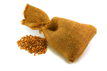 Sack and grain on a white background