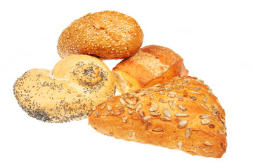 Group of assorted bread rolls isolated on white