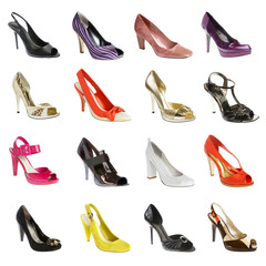 female footwear on a white background. 16 pieces.