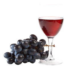close-up red wine and grapes, isolated on white