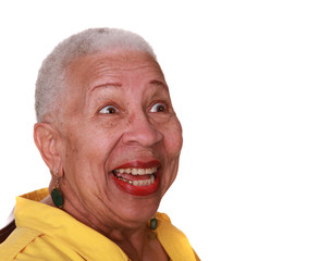 African american woman laughing on pure white background
