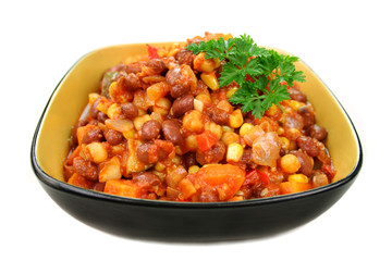 Delicious vegetable and lentil hot pot with a parsley garnish