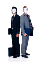 Halloween greedy businessmen wearing Halloween mask.
