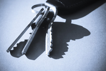 Blue toned close-up of house keys and key fob