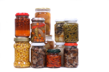 conerved fruit and vegetables on the white background