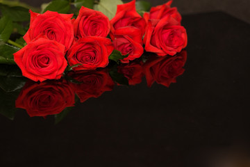 beautiful red roses on black, reflecting background