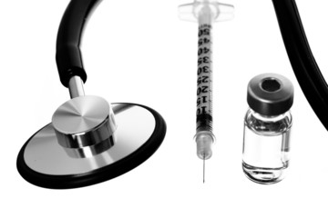 stethoscope, hypodermic needle, vial