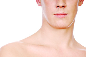 Half human male face of young adult teenager