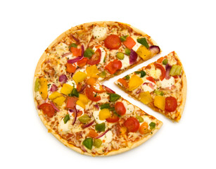 slice vegetarian pizza on white background