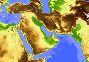 Near East from Egypt to Pakistan. Physical vector map.