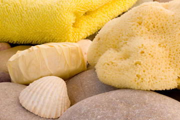 Natural sea sponge, towel and soap close up