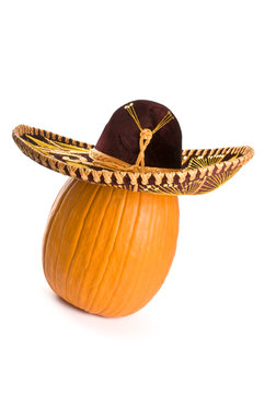 Big Pumpkin Wearing a Sombrero Isolated on White