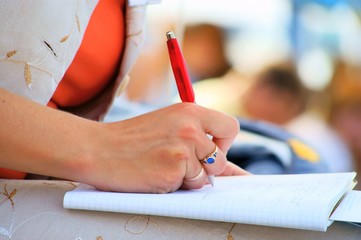 student, conference meeting, hand, pen, notebooks and writing..