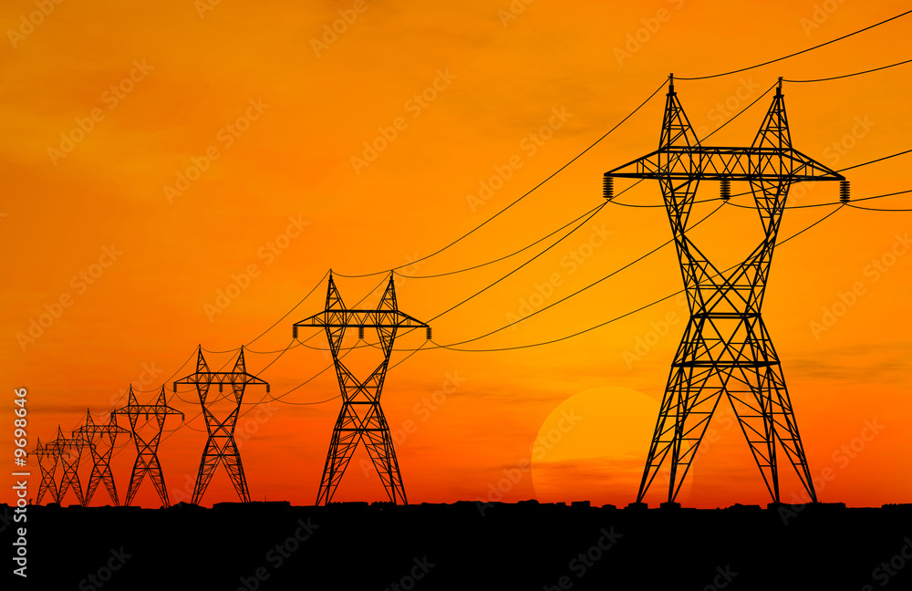 Wall mural 3d electric powerlines over sunrise