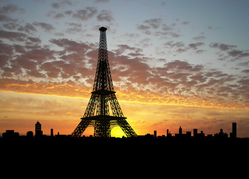 Eiffel Tower silhouette over sunset