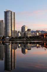 downtown vancouver and cambie bridge at sunrise