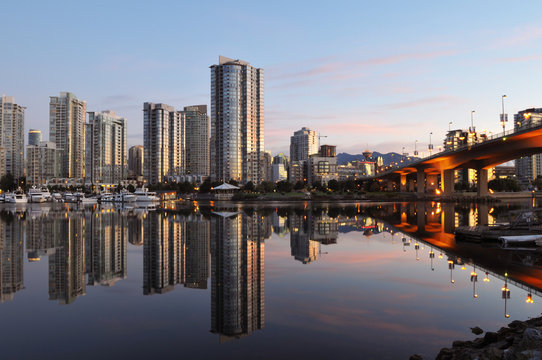 downtown vancouver and cambie bridge at sunrise