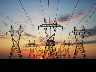 3D Electric powerlines over sunrise - 9699481