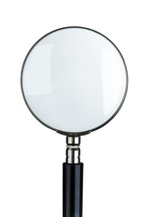 close-up of magnifying glass isolated on white.