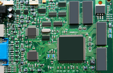 Closeup of computer motherboard with details..