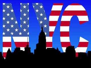 Midtown manhattan skyline with American flag text illustration
