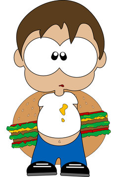 bambino obeso con pancia che nasconde panino