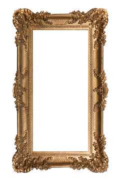 Elaborate Vertical Golden Picture Frame Isolated on White