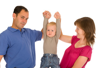 Happy family of three person on a white background