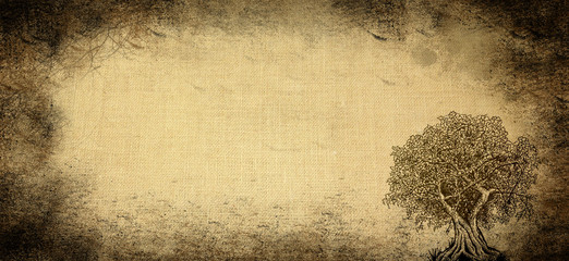 Aged textile material background  with tree